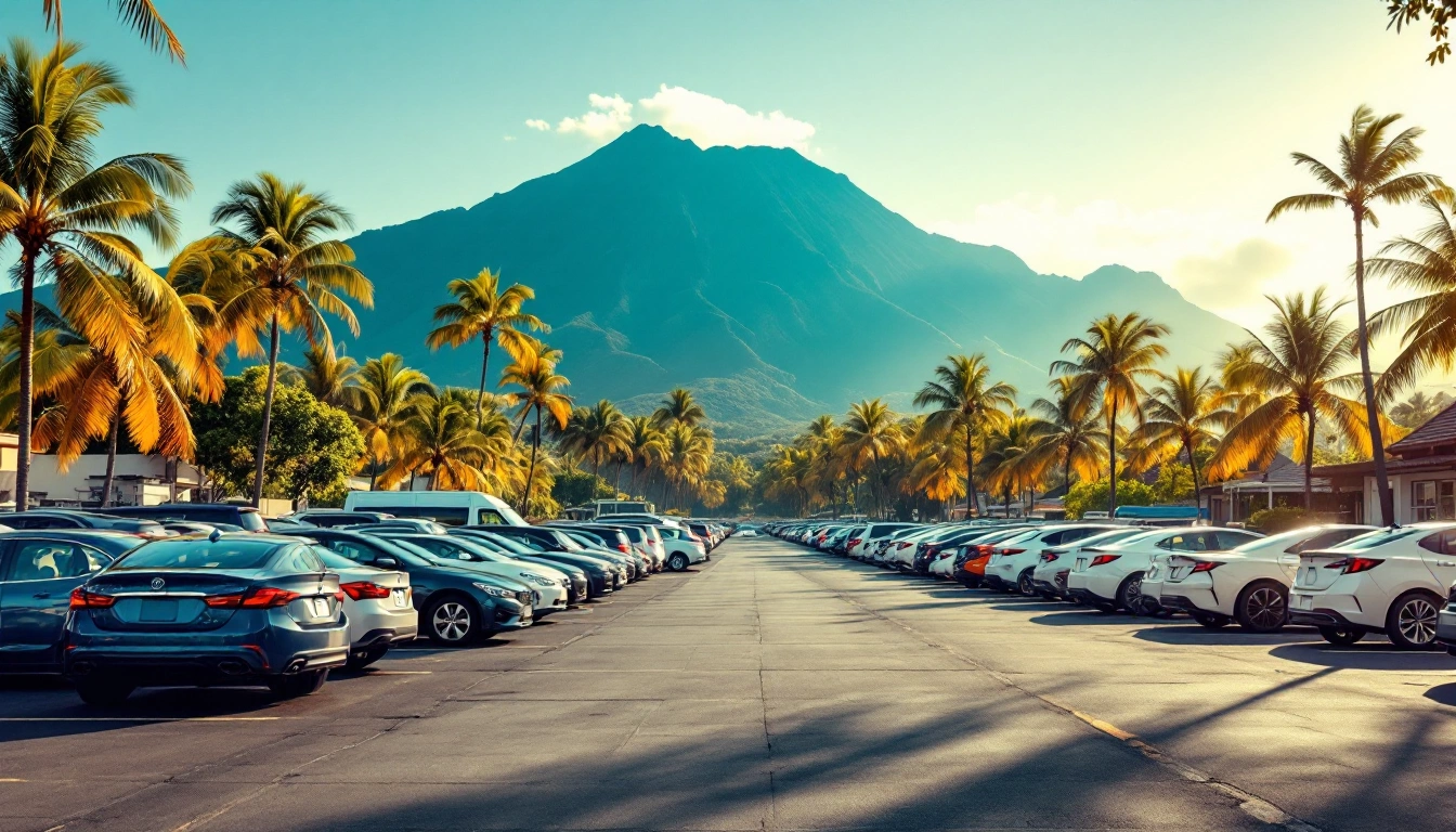 Rows of cars in an open-air island rental lot below green volcanic mountains — Kahului Airport (OGG) Car Rental: Pickup Guide