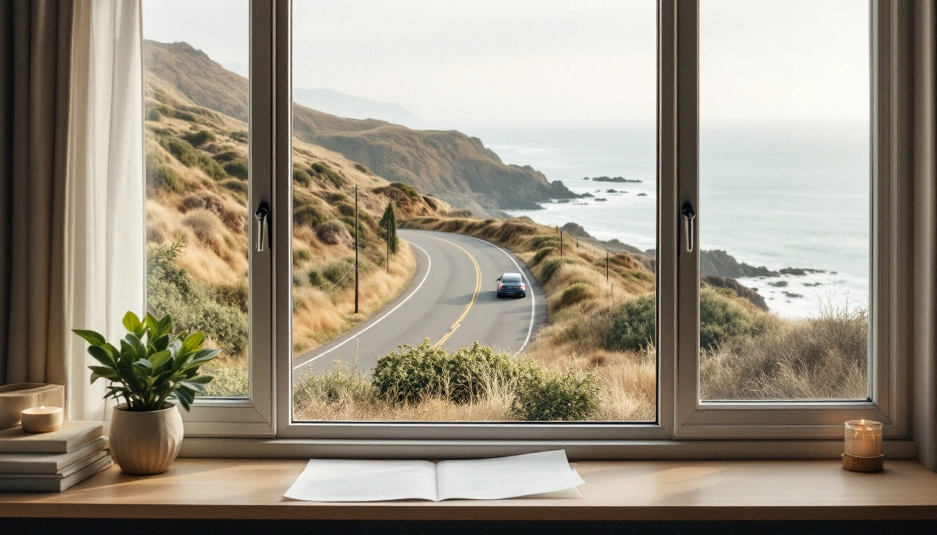 A rental car parked outside a window overlooking a quiet coastal road — DiscoverCars Review 2026: Is It Legit and Worth Using?