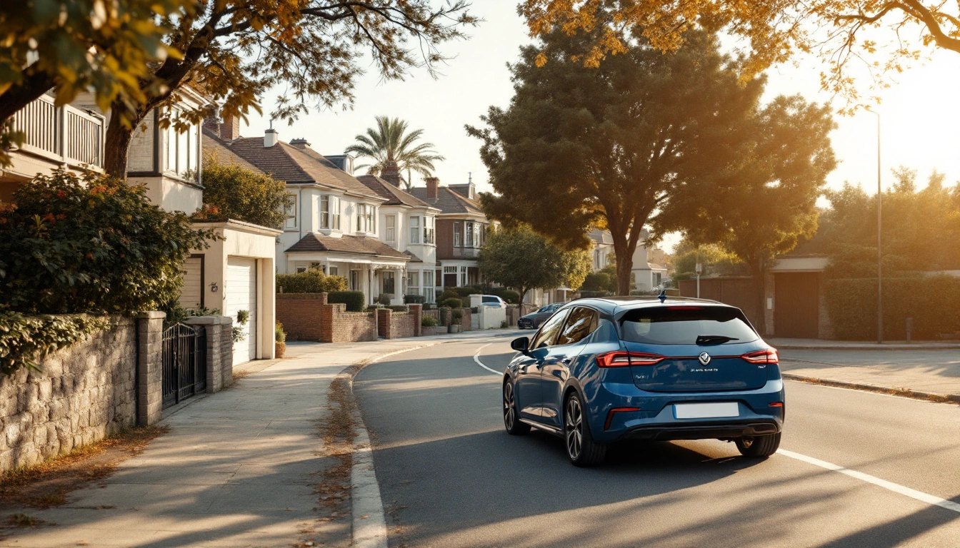 A compact car on a residential street with a wide car park further down the road — Turo vs Rental Car (2026): Which Should You Book?