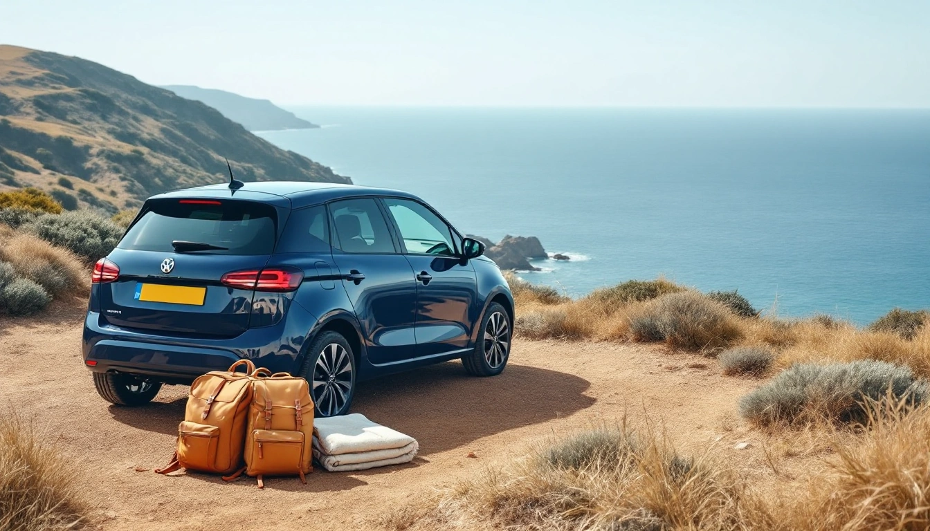 A small compact car at a coastal viewpoint with backpacks beside it — Car Rental Under 25: Who Rents to Young Drivers and the Fee