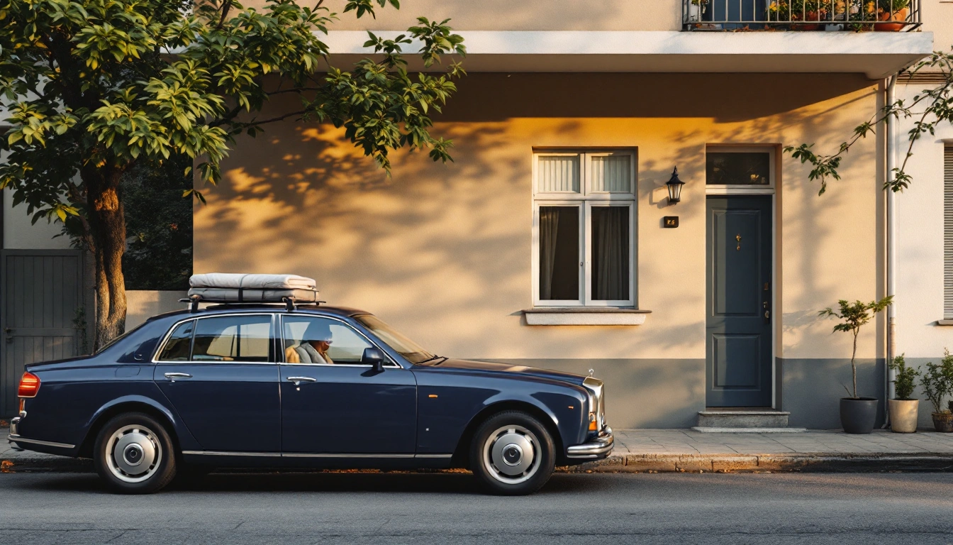 A car parked outside an apartment building with luggage on the back seat — Long-Term Car Rental: Weekly, Monthly, and How to Cut the Cost
