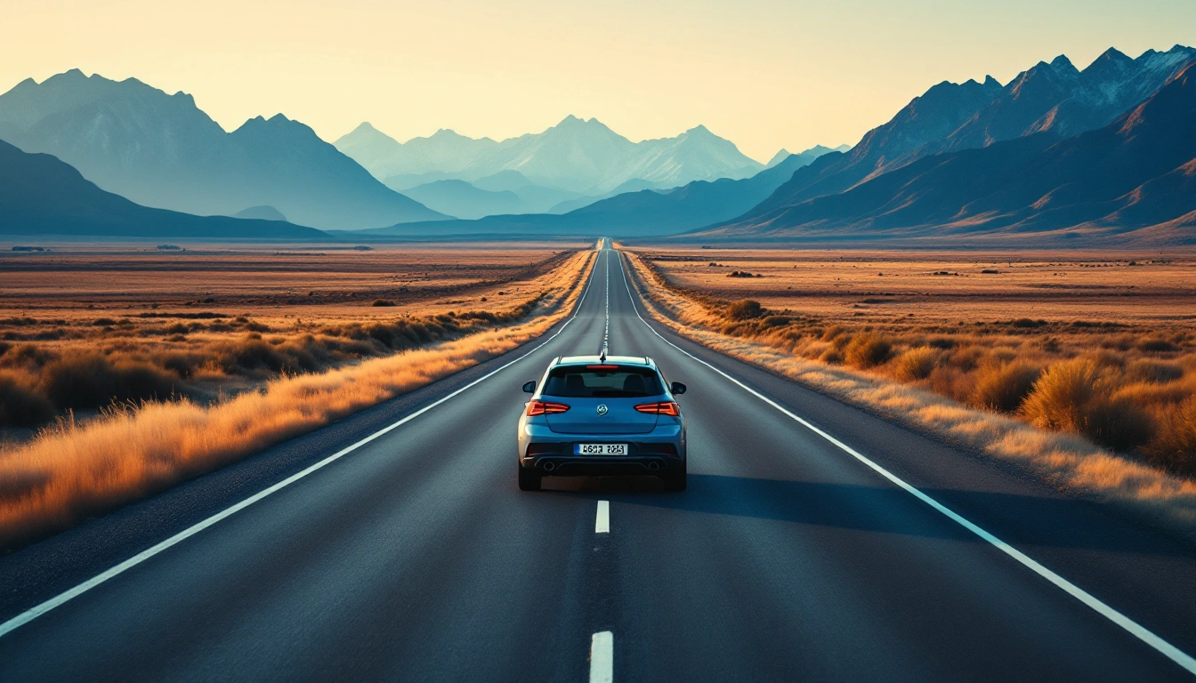 A car heading away down a long straight highway toward distant mountains — One-Way Car Rentals: How They Work and How to Keep the Fee Low