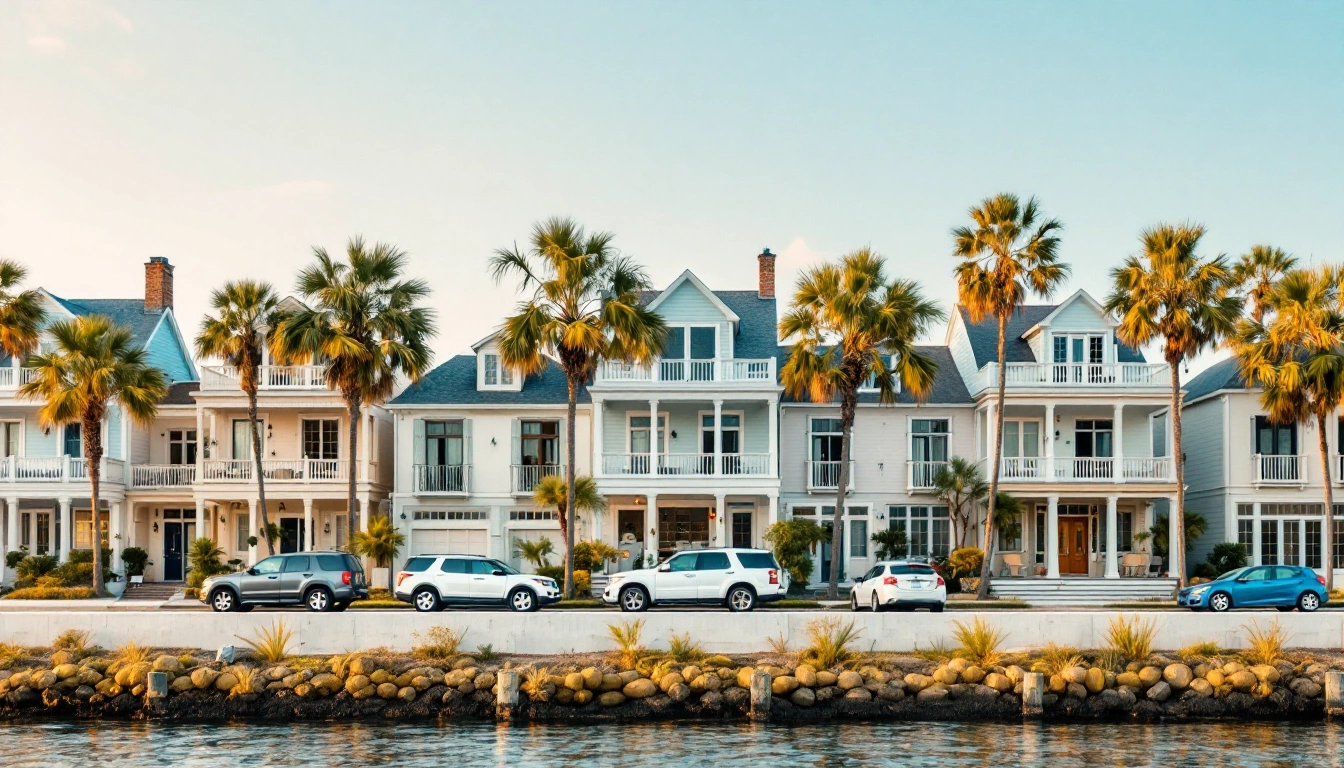 Pastel waterfront houses with columned porches behind a seawall promenade — Do You Need a Car in Charleston?