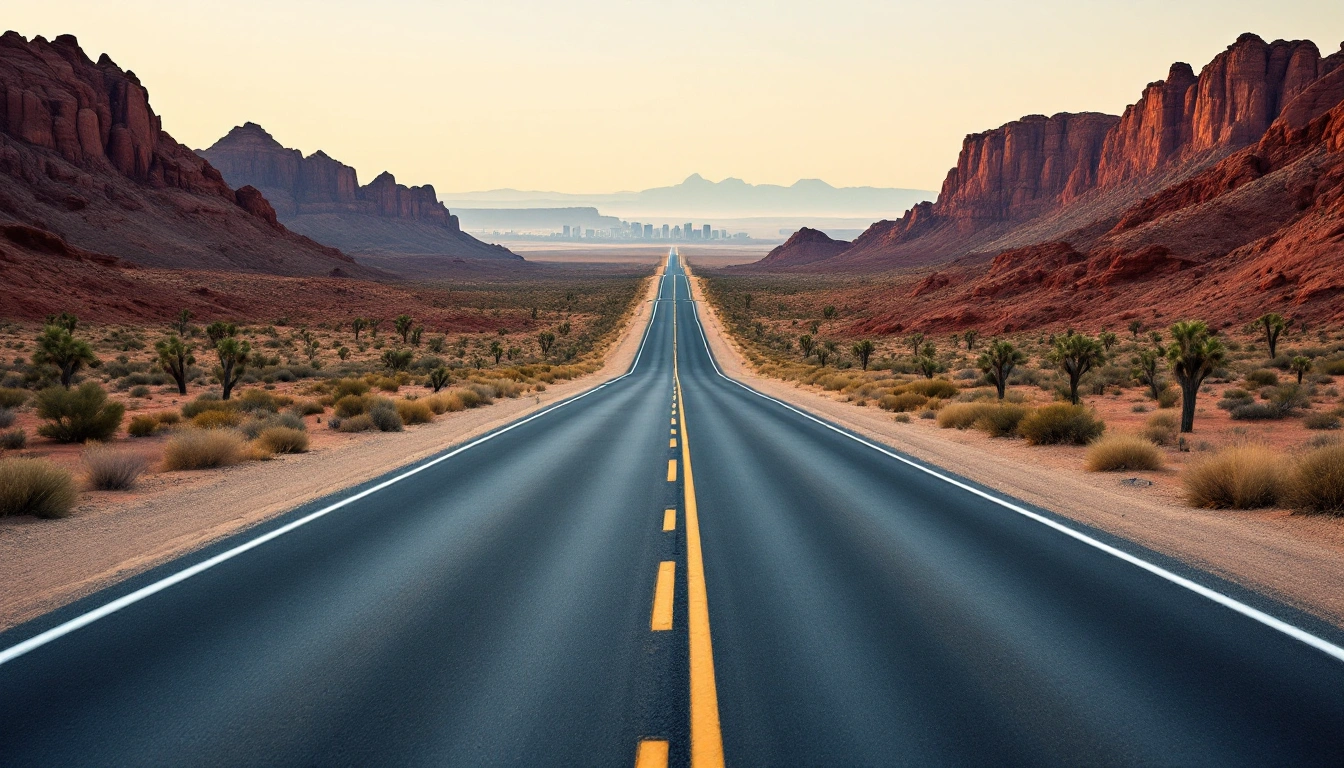 A wide desert road leaving a distant city skyline behind — Do You Need a Car in Las Vegas?