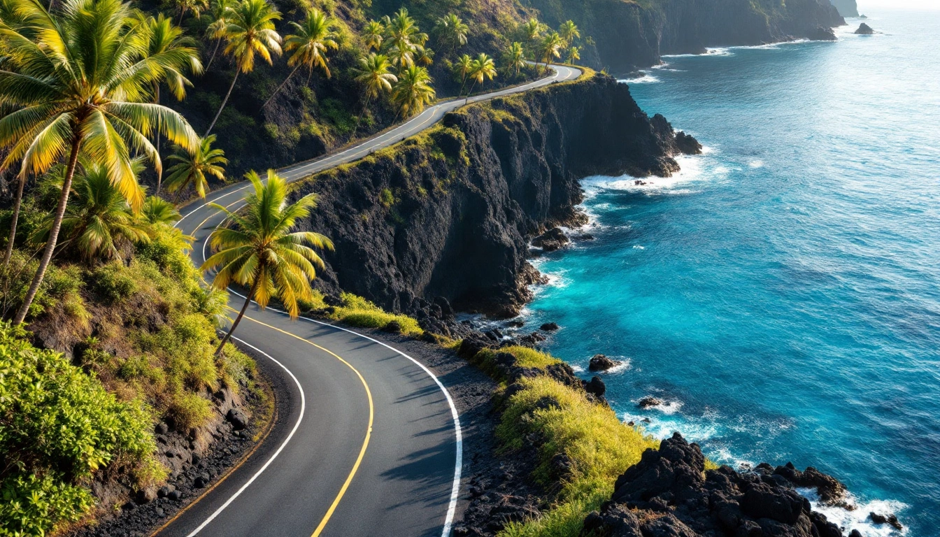 A narrow coastal road hugging a green volcanic shoreline above turquoise water — Do You Need a Car in Maui?