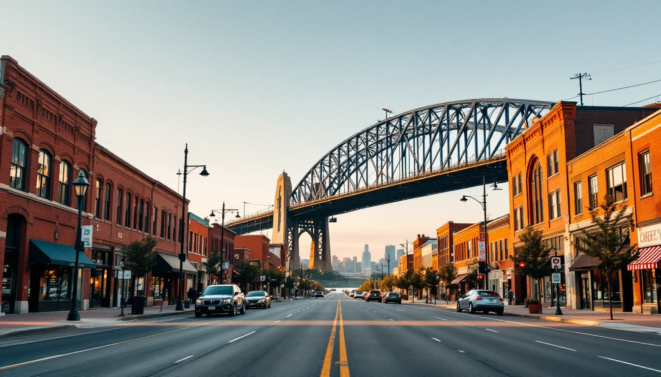 A downtown street of red-brick warehouses leading toward a steel river bridge — Do You Need a Car in Nashville?