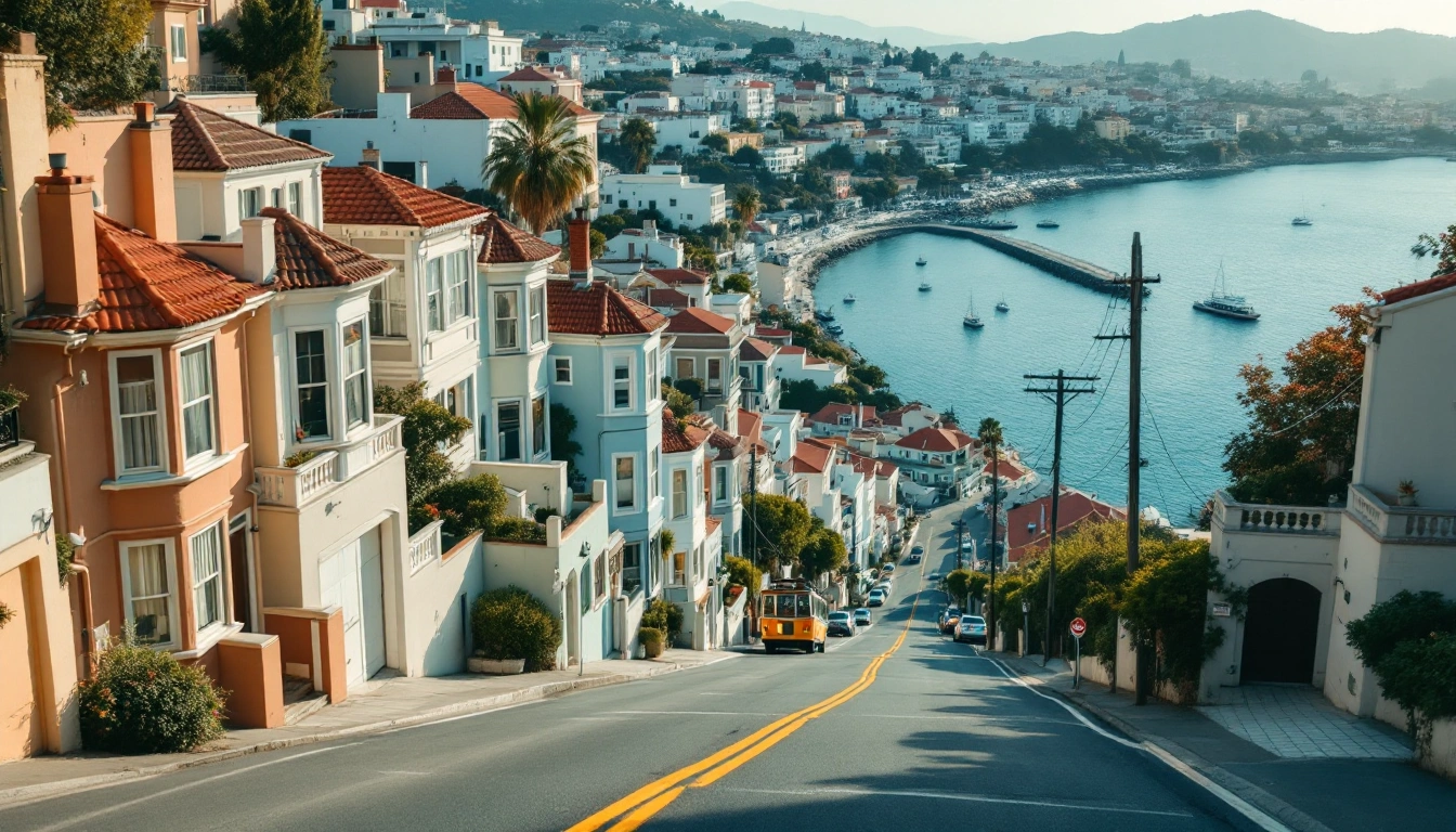 A steep street of pastel bay-window houses dropping toward a bay — Do You Need a Car in San Francisco?