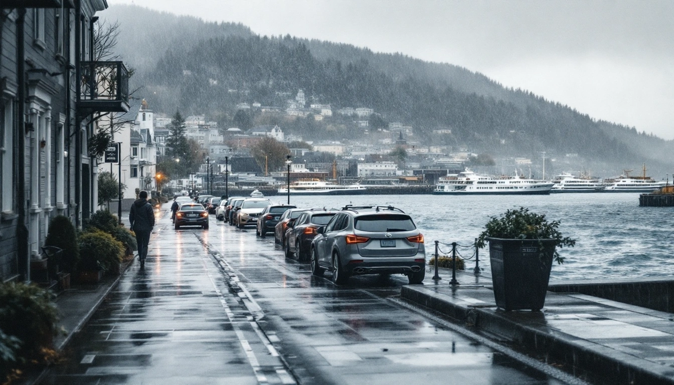 A rain-slick street sloping down toward a harbour with ferries — Do You Need a Car in Seattle?