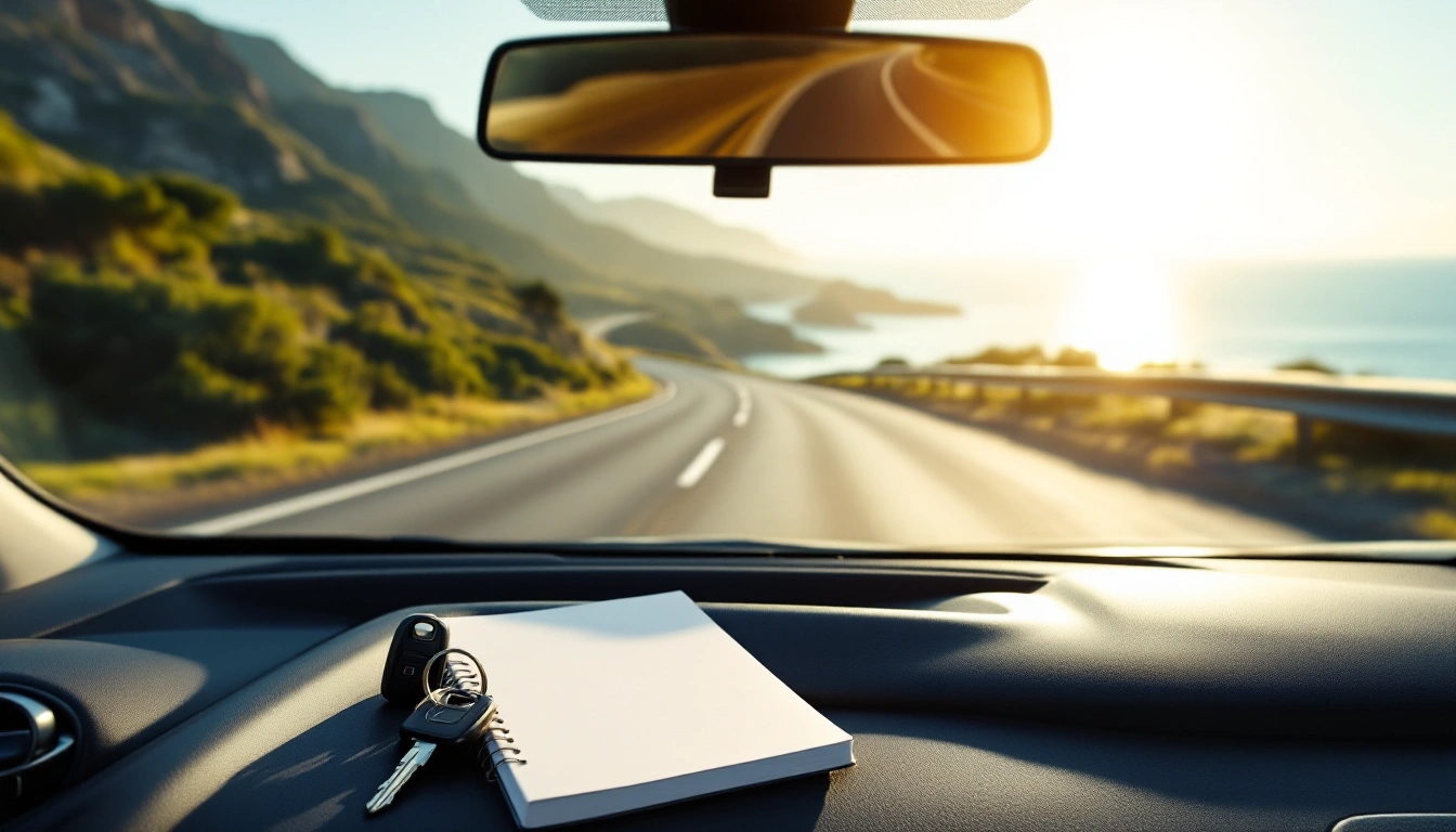 The open coast road seen through a car windscreen, with car keys and a blank notepad on the dashboard