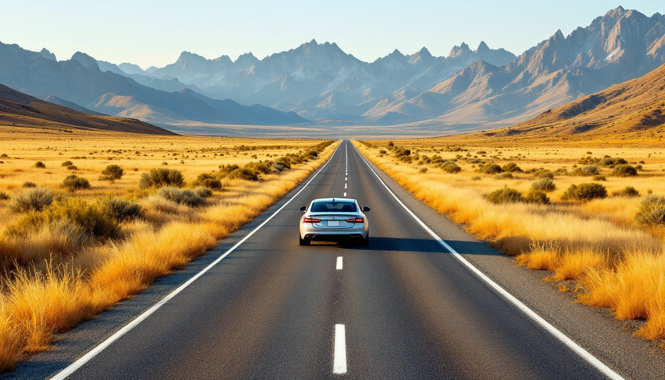A car on a two-lane road crossing golden grassland below jagged mountains — Bozeman Car Rental: What to Book for Yellowstone (and When)