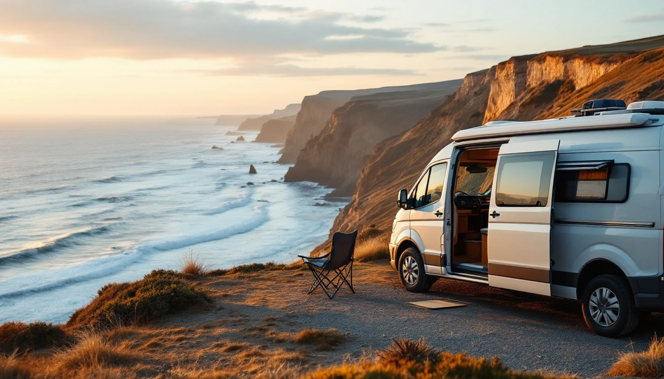 A camper van parked at a Pacific coast overlook at golden hour — Camper Van Rental in California: Routes, Pickup Cities, and Costs