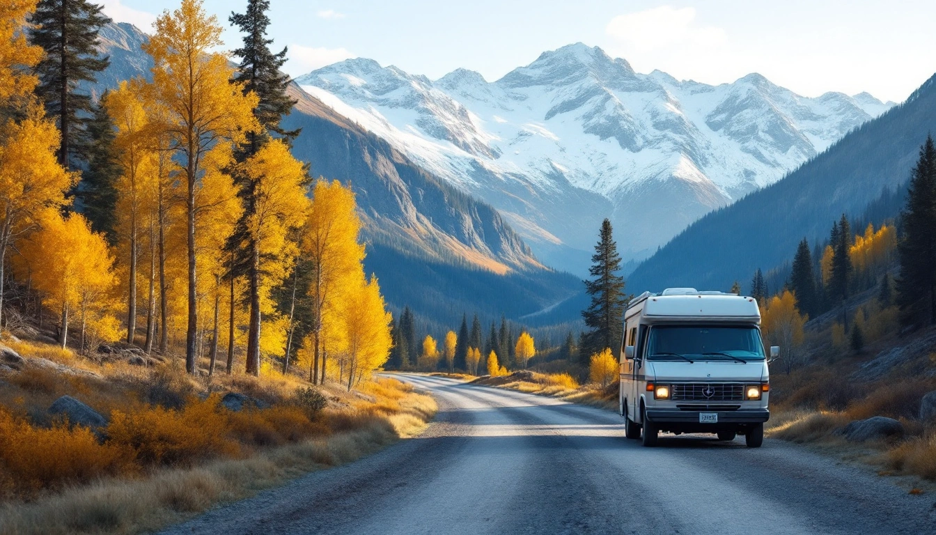 A camper van on a gravel road among aspens below snow-dusted Rocky Mountain peaks — Camper Van Rental in Colorado: Rocky Mountain Routes and Pickup Tips
