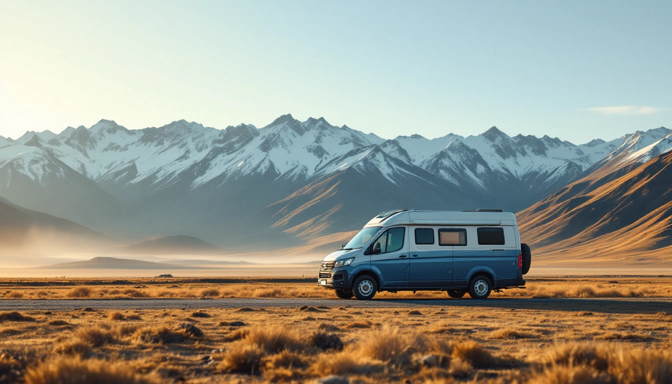 A camper van on a high plain at sunrise below snow-capped foothills — Camper Van Rental in Denver: Your Rocky Mountain Launch Point