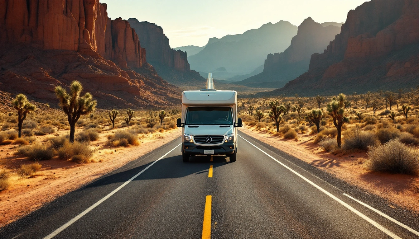 A camper van on a straight desert road between red rock ridges — Camper Van Rental in Las Vegas: Gateway to Zion and the Grand Canyon