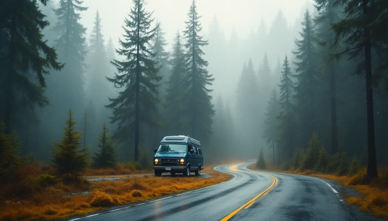 A camper van on a misty forest road among tall evergreens — Camper Van Rental in Seattle: Rainier, Olympic, and the Cascades