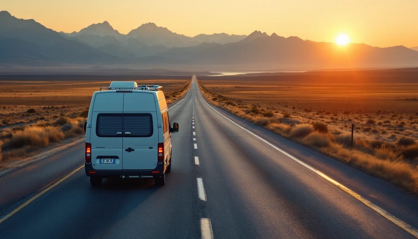A camper van driving away down a long empty highway toward distant mountains — One-Way Camper Van Rental: How to Rent in One City and Drop in Another