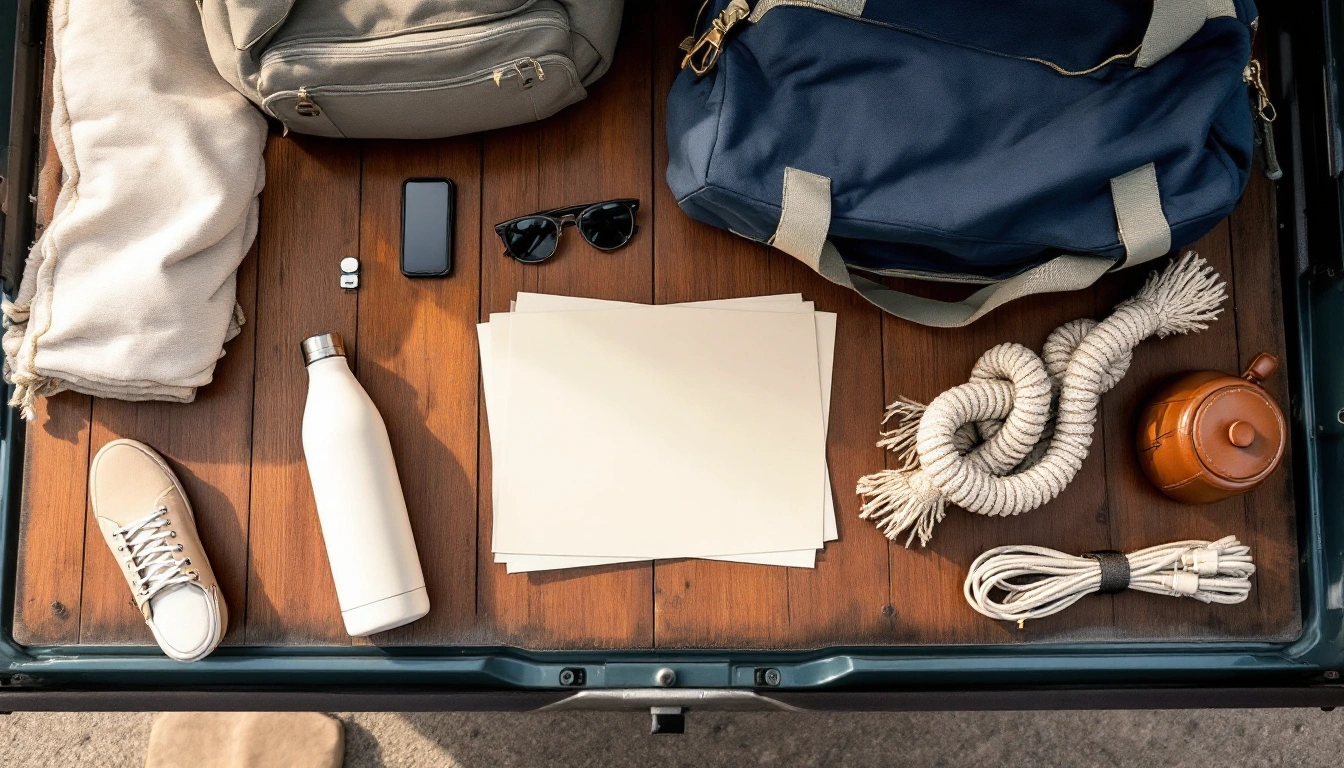 Road-trip gear laid out on a car tailgate: duffel bag, blanket, water bottle and map — Road Trip Packing List: Everything to Bring (and What to Rent)