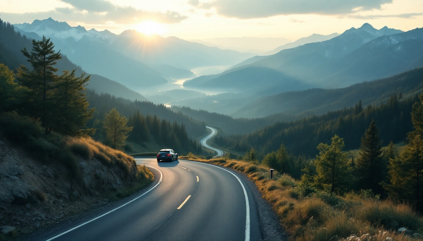 A car on a winding mountain road above a valley at sunrise — compare rentals for the trips that need a car
