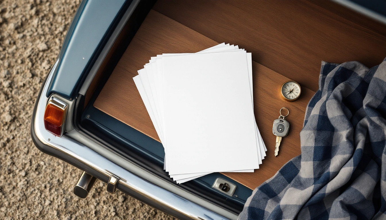 Blank printable planner pages laid out on a car tailgate with keys and a compass — the free Cheap Rental Car Checklist