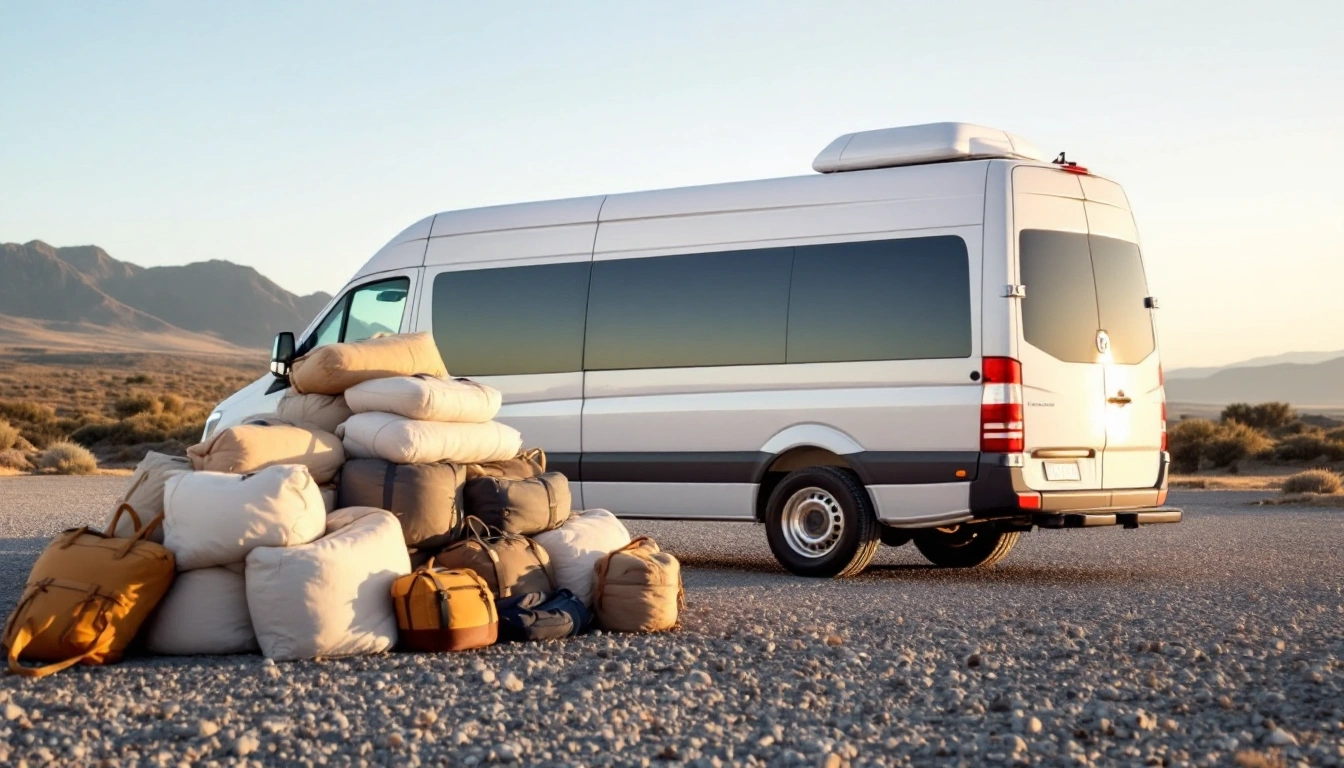 A long white passenger van seen from behind with duffel bags stacked beside it — 15-Passenger Van Rental: Seats, Luggage and What It Really Costs