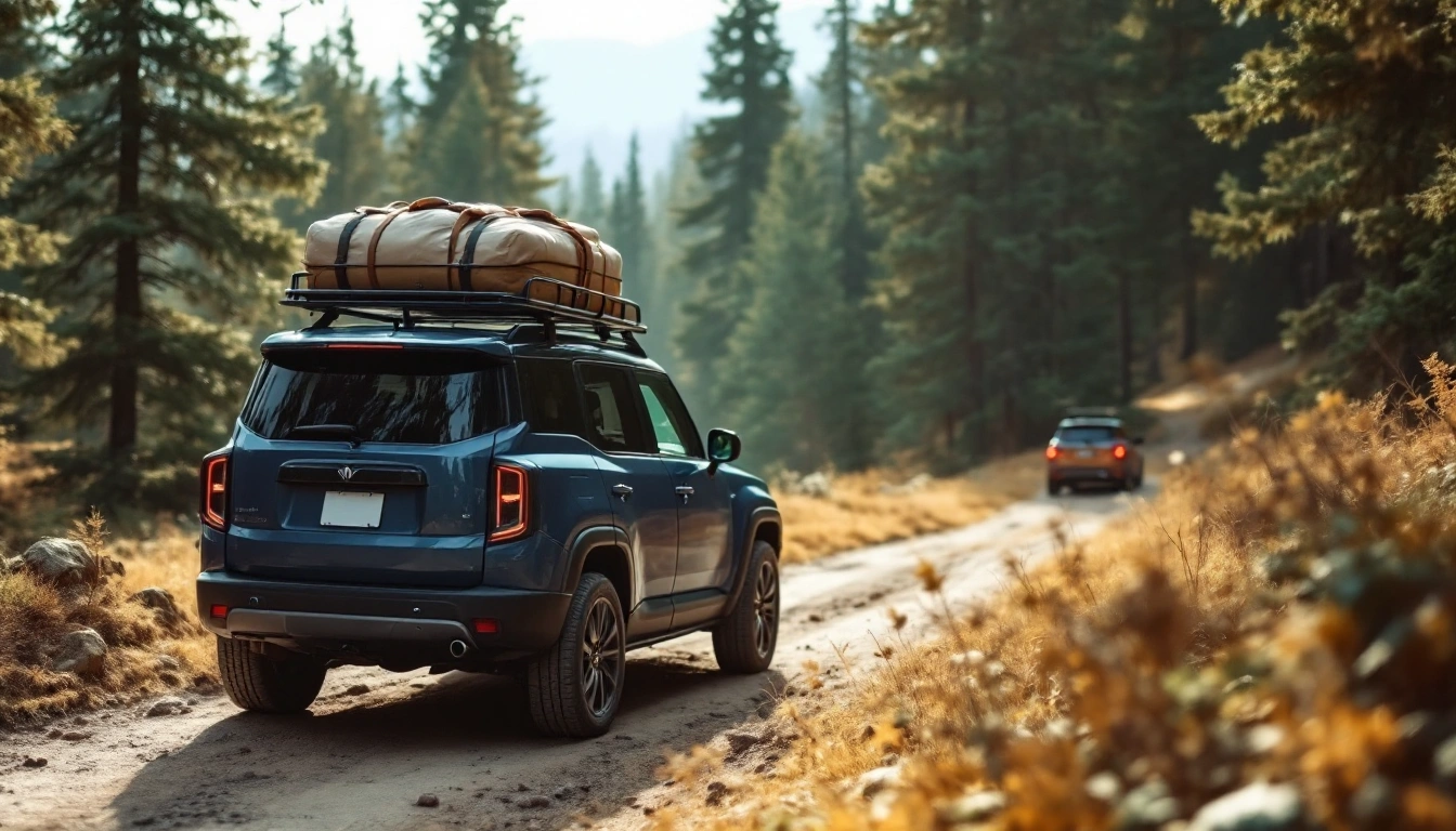 A seven-seat SUV seen from behind with roof luggage at a forest trailhead — 7-Seater SUV Rental: The Right Three-Row for Families and Groups