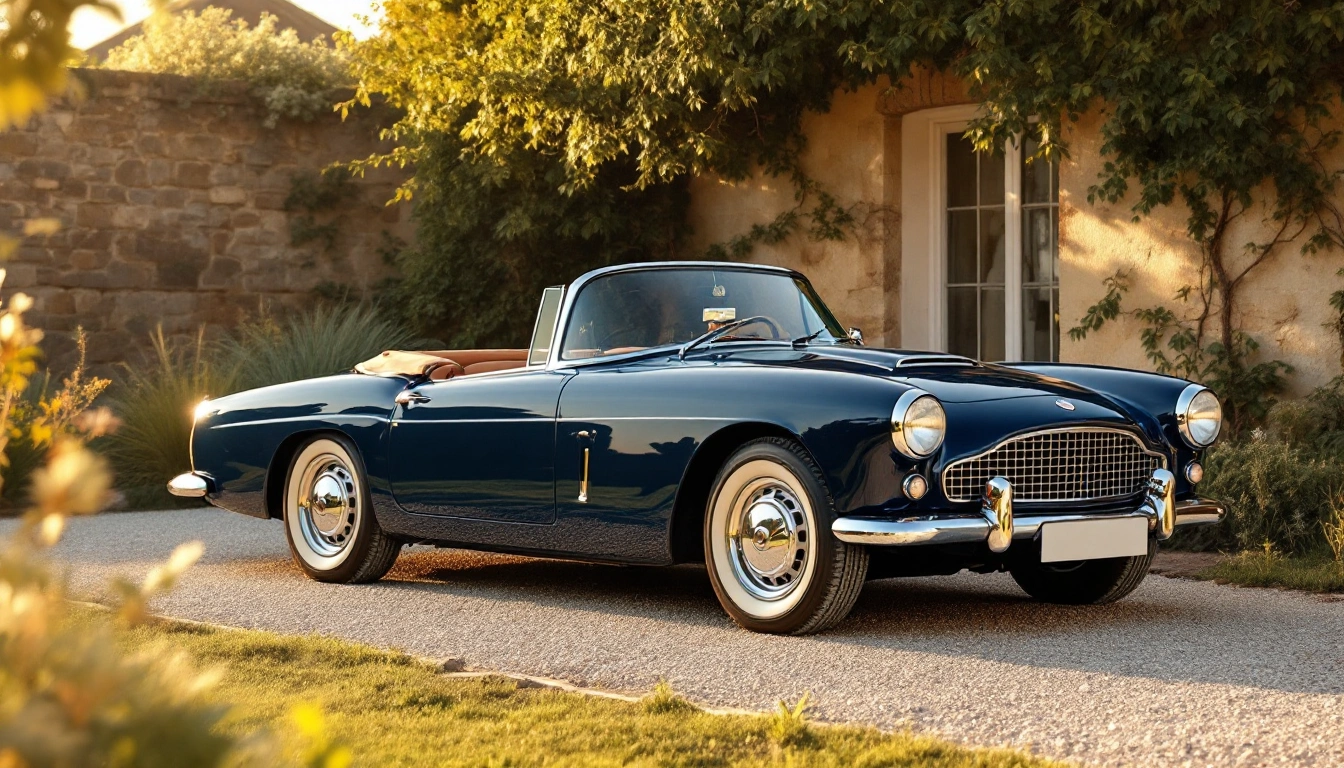 A polished vintage convertible parked on a gravel drive by a stone wall — Classic Car Rental: Where to Actually Find One (and the Easier Alternative)