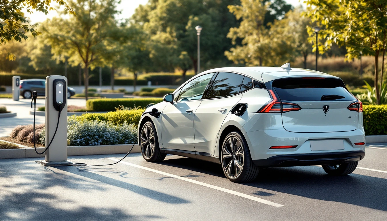 An electric hatchback plugged into a charging bollard in a landscaped car park — Electric Car Rental: Renting a Tesla or EV, and When It Makes Sense