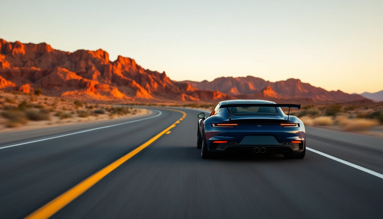 A low sports car on an empty desert highway at sunset — Exotic Car Rental in Las Vegas: Supercars, Deposits, and the Fine Print