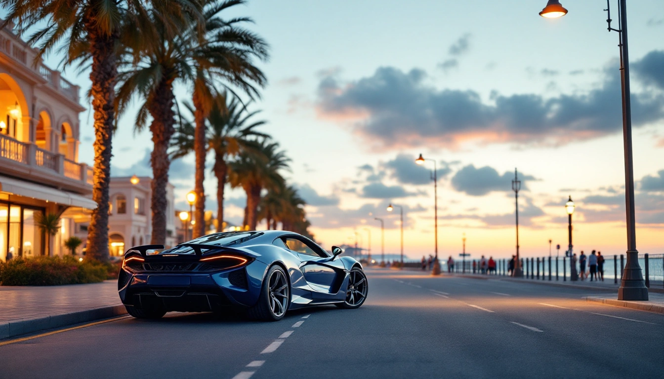 A sports car parked on a palm-lined seafront boulevard at dusk — Exotic Car Rental in Miami: Supercars, Delivery, and What to Watch