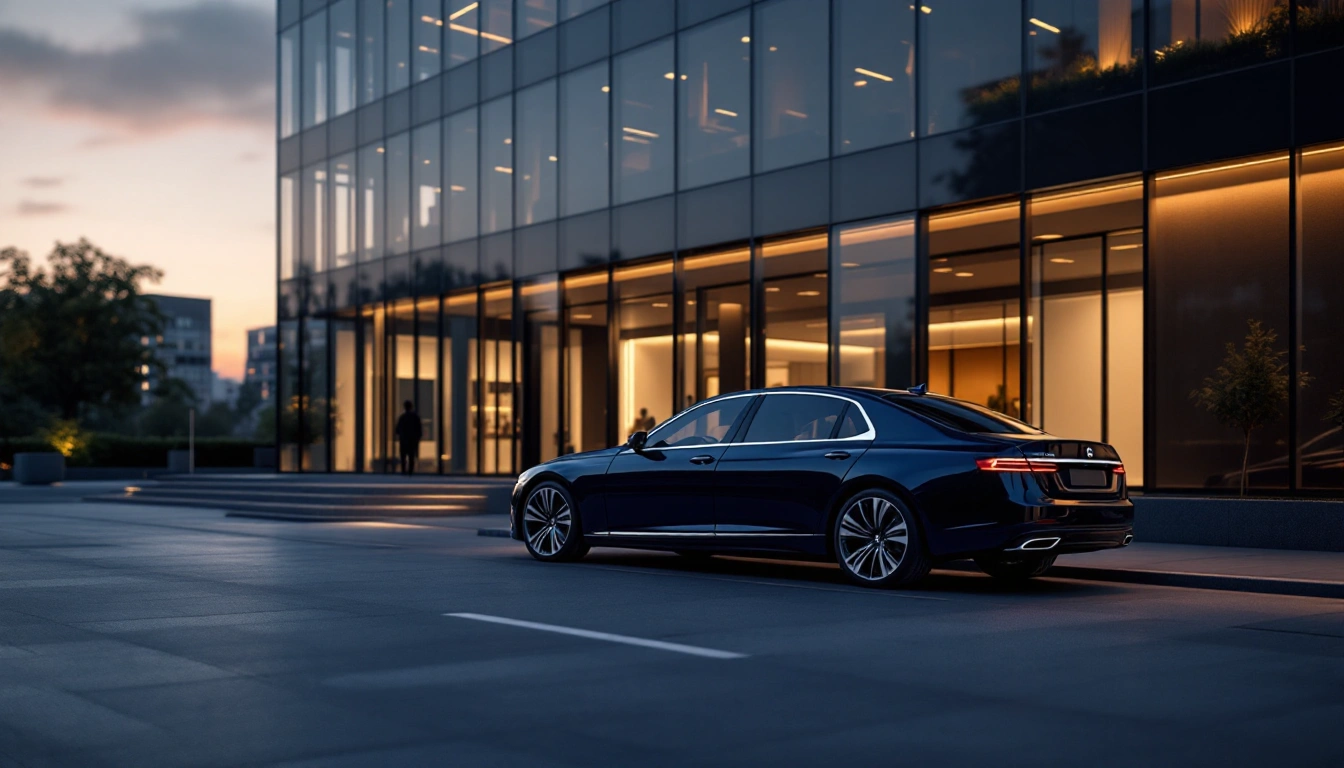 A luxury sedan parked beside a modern glass office tower at dusk — Luxury Car Rental in Atlanta: Booking Through the World's Busiest Airport