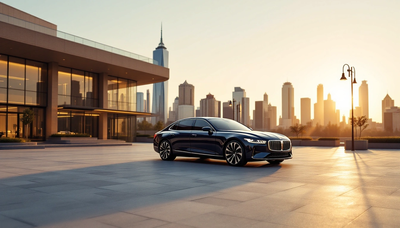 A luxury sedan on a wide plaza below a modern skyline — Luxury Car Rental in Dallas: What to Book at DFW and Love Field