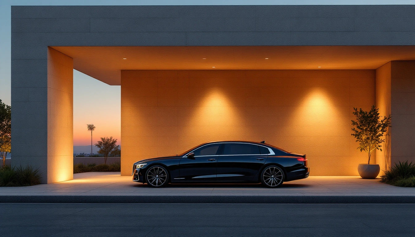 A luxury sedan waiting under a modern stone portico at dusk — Luxury Car Rental in Houston: What to Book and Where to Pick Up