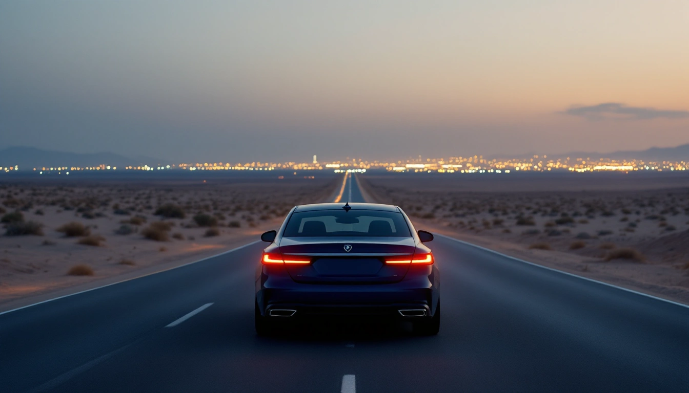 A luxury sedan on a desert boulevard at dusk with distant city lights — Luxury Car Rental in Las Vegas: The Strip, the Airport, and Prices