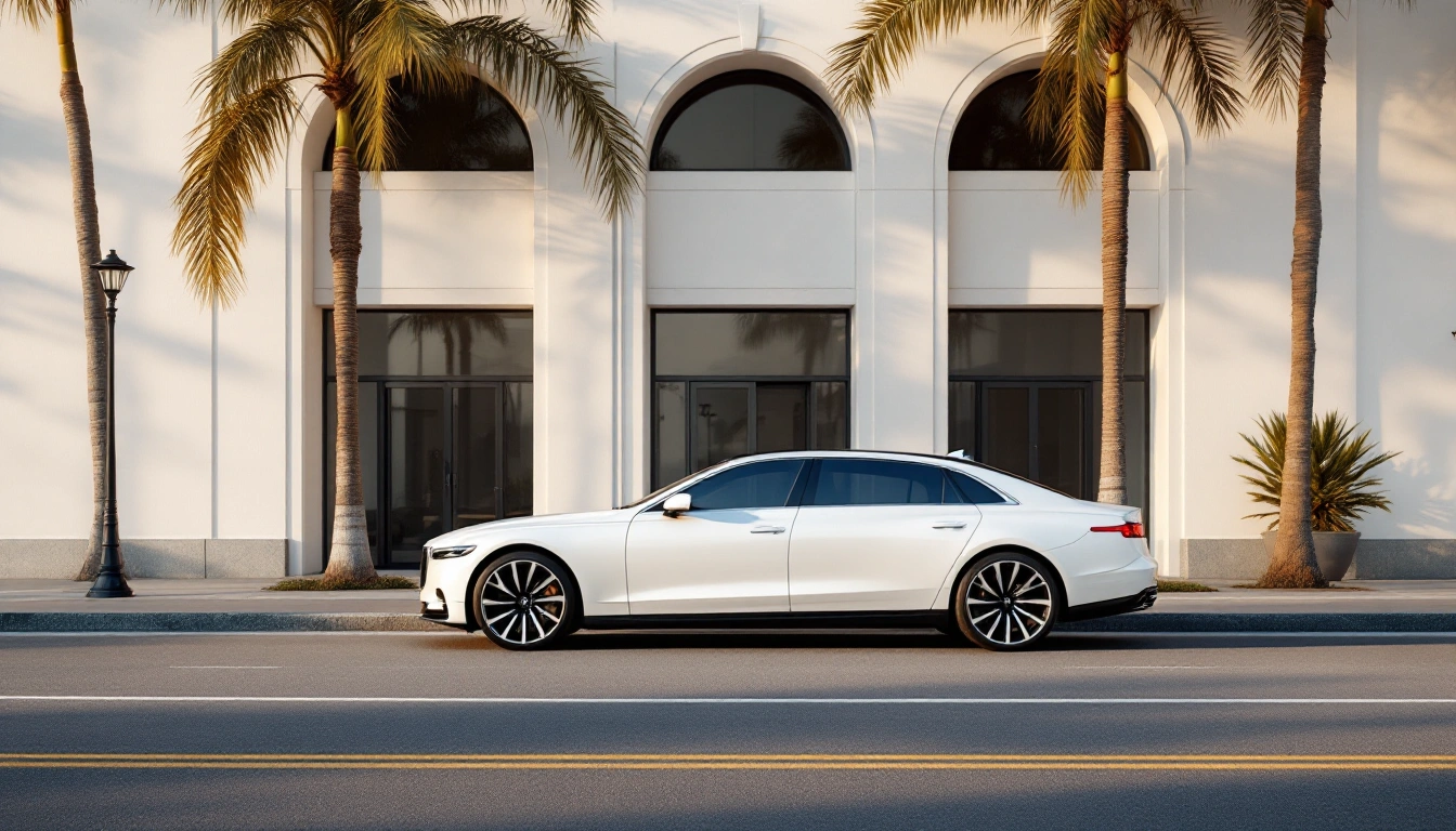 A white luxury sedan parked beside a white art-deco facade with palms — Luxury Car Rental in Miami: What You Can Book and Where