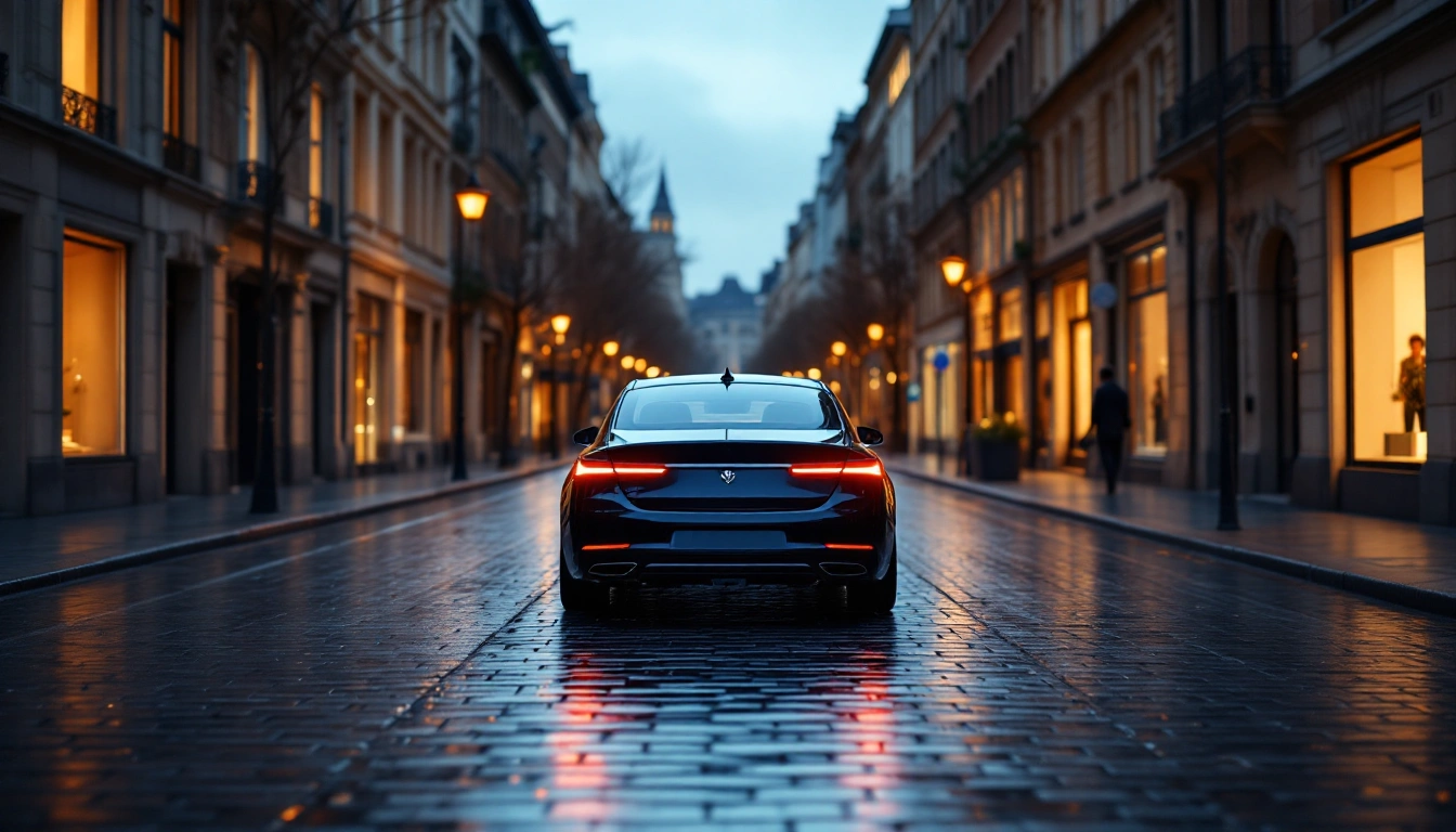 A black luxury sedan on a wet stone-paved street between tall buildings — Luxury Car Rental in New York: Airports, Manhattan, and the Hamptons Run