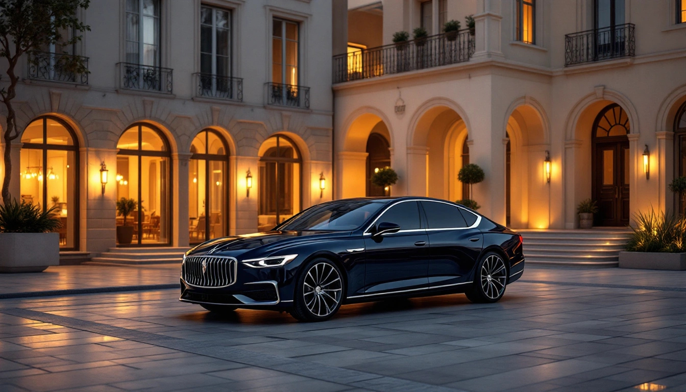 A dark luxury sedan parked on a stone forecourt at dusk — Luxury Car Rental: How to Book a Premium Car Without Overpaying