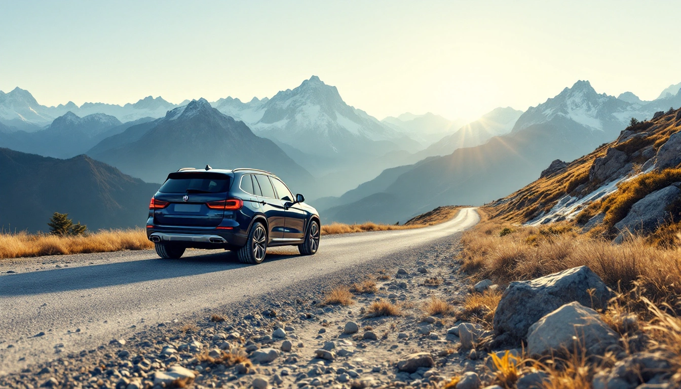 An SUV on a gravel mountain road below high peaks — SUV Rental: How to Pick the Right Size and Where to Book