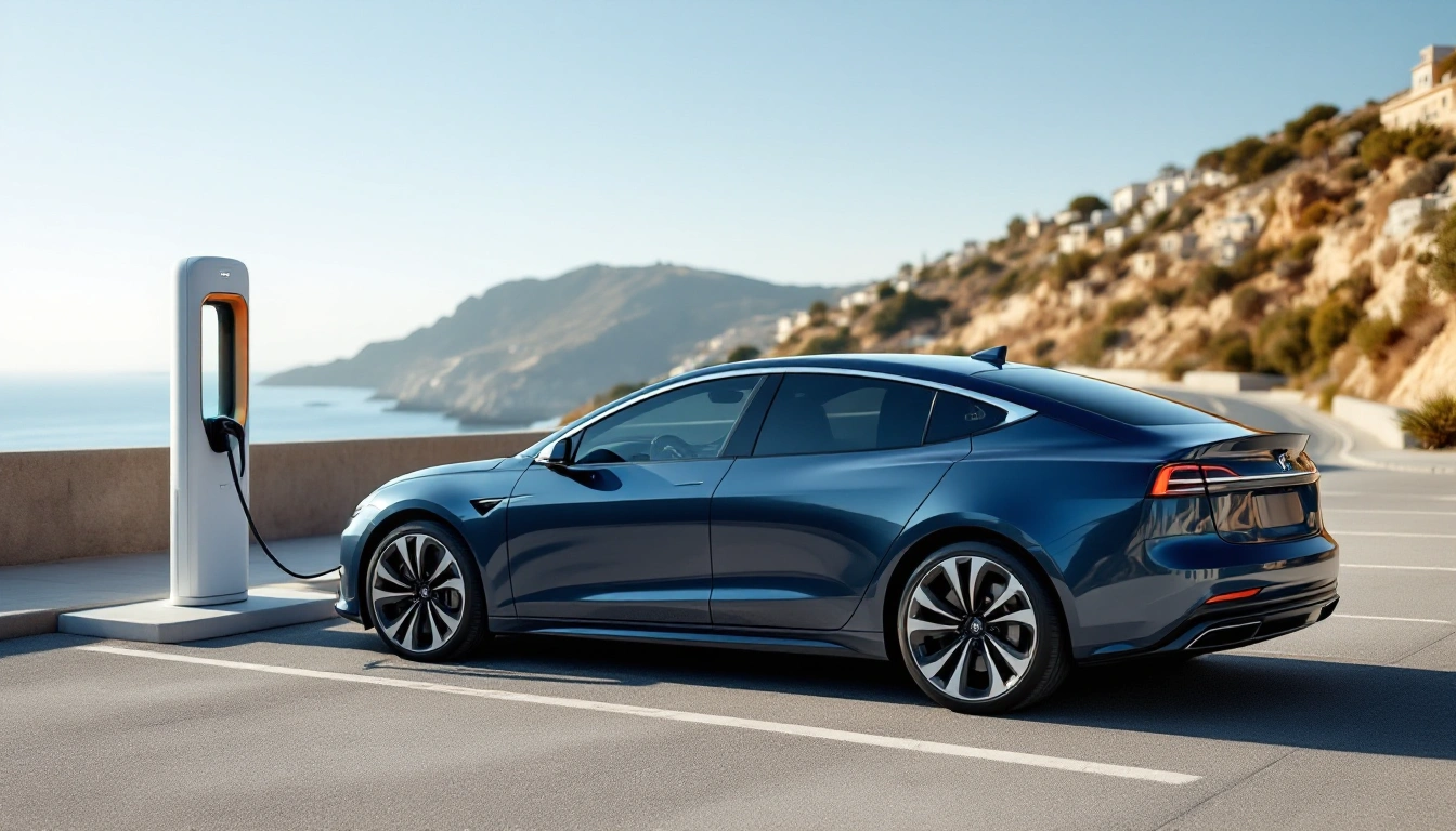 An electric sedan at a charging bay overlooking a coastal road — Tesla Rental: What to Know About Renting an EV Before You Book