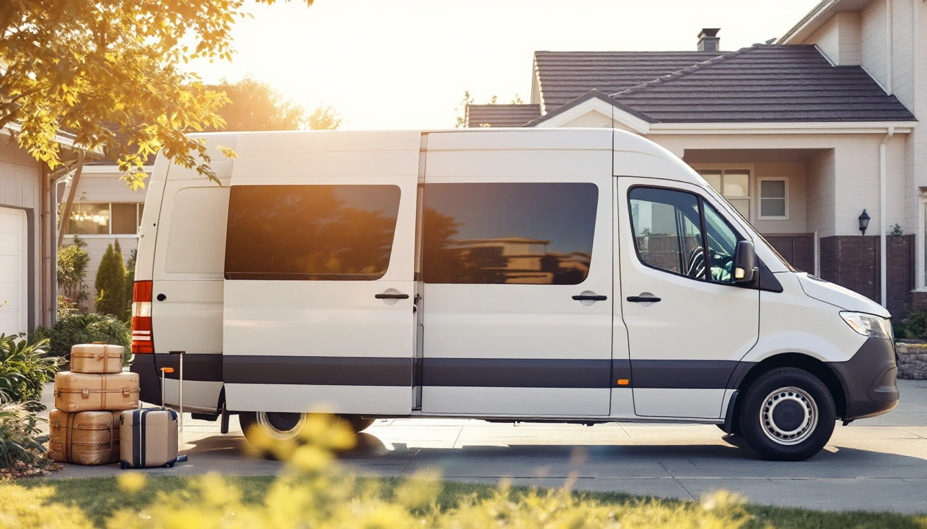 A passenger van seen from behind with luggage beside the open side door — Van Rental: Which Van You Actually Need, and How to Book It