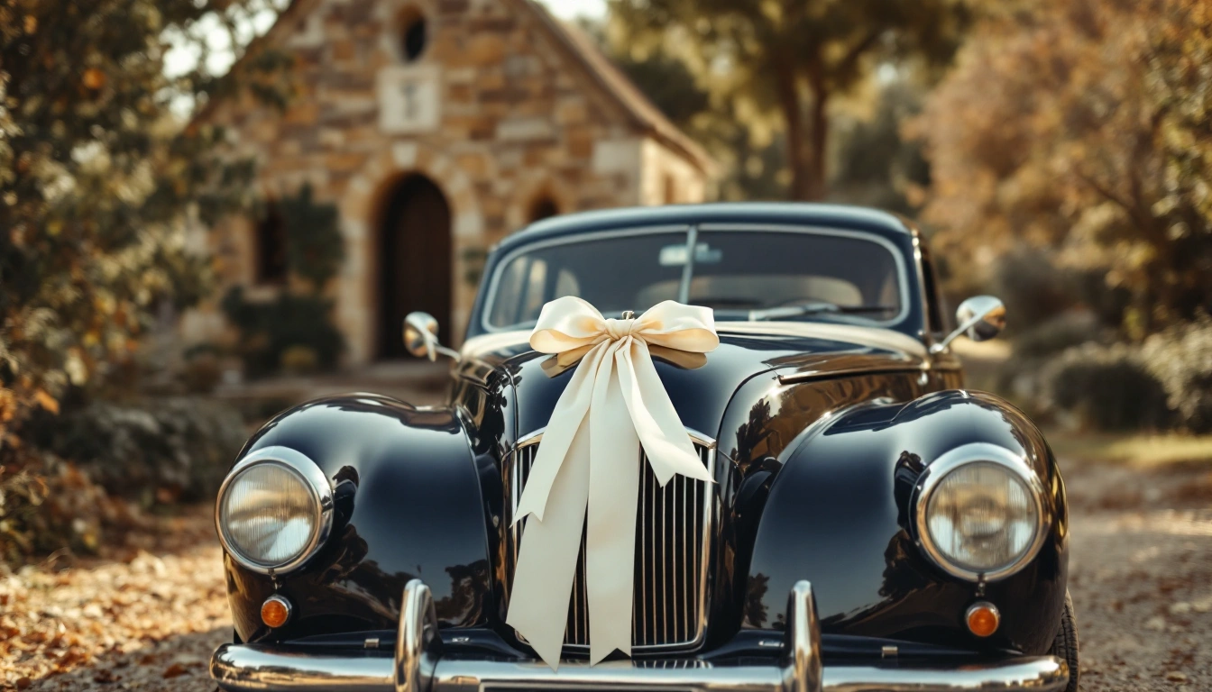 A vintage car with a white ribbon parked outside a stone chapel — Wedding Car Rental: The Two Ways to Do It, and Which Fits You